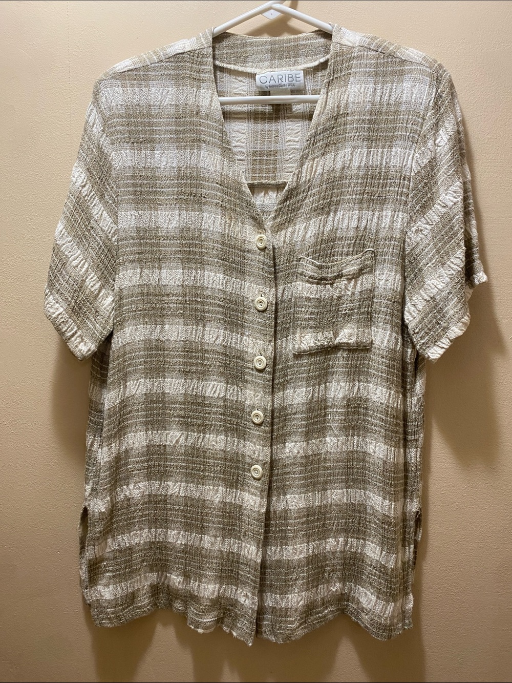 Vintage Relaxed Button-Front Short Slv Shirt in Tan & White Linen/Rayon Medium